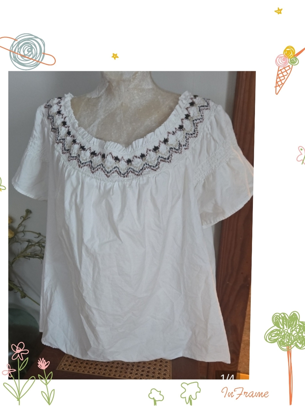 Old Navy White Short-Sleeve Peasant Blouse with Black Embroidered Yoke